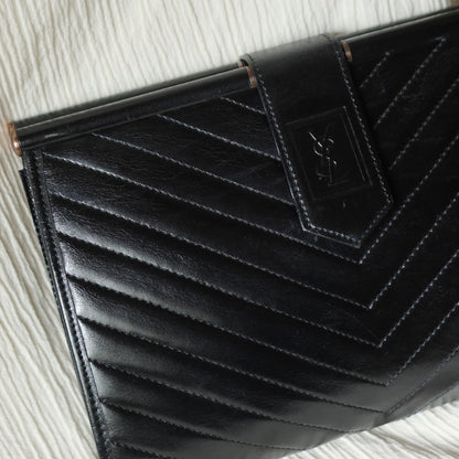 YSL Saint Laurent Vintage Black Leather V Chevron Flap Clutch Bag
