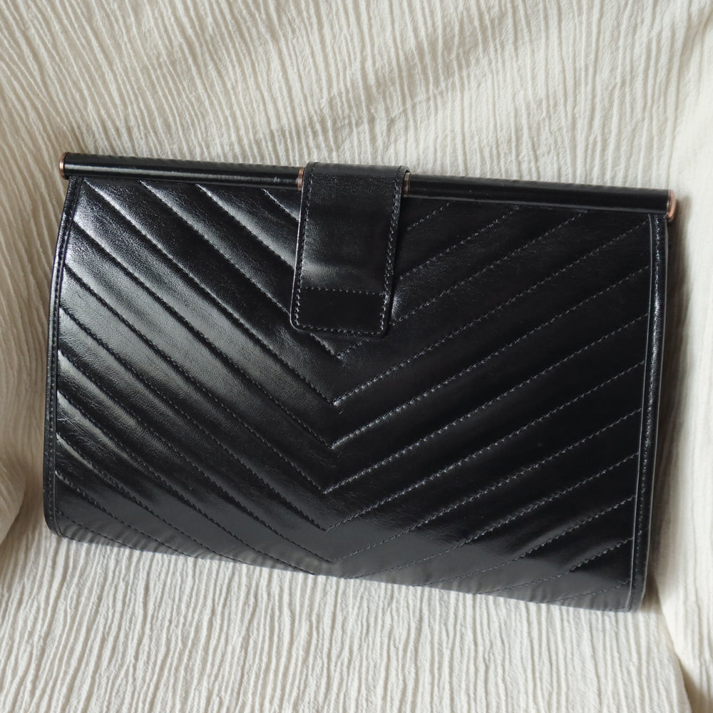 YSL Saint Laurent Vintage Black Leather V Chevron Flap Clutch Bag