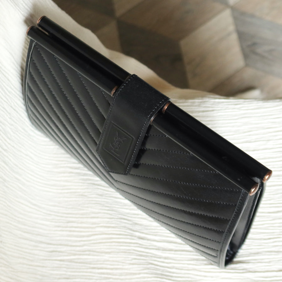 YSL Saint Laurent Vintage Black Leather V Chevron Flap Clutch Bag