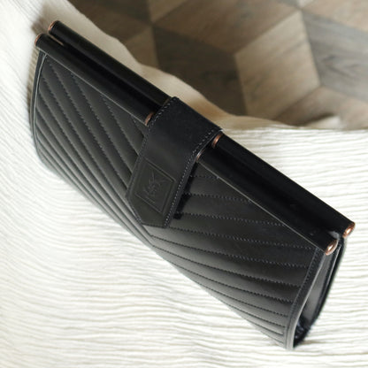 YSL Saint Laurent Vintage Black Leather V Chevron Flap Clutch Bag