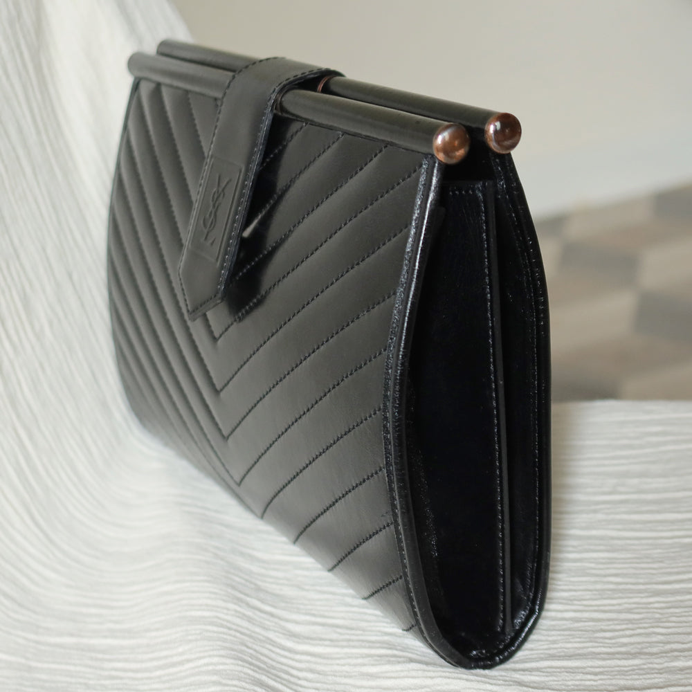 YSL Saint Laurent Vintage Black Leather V Chevron Flap Clutch Bag