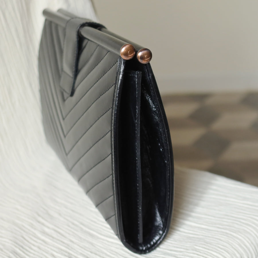 YSL Saint Laurent Vintage Black Leather V Chevron Flap Clutch Bag