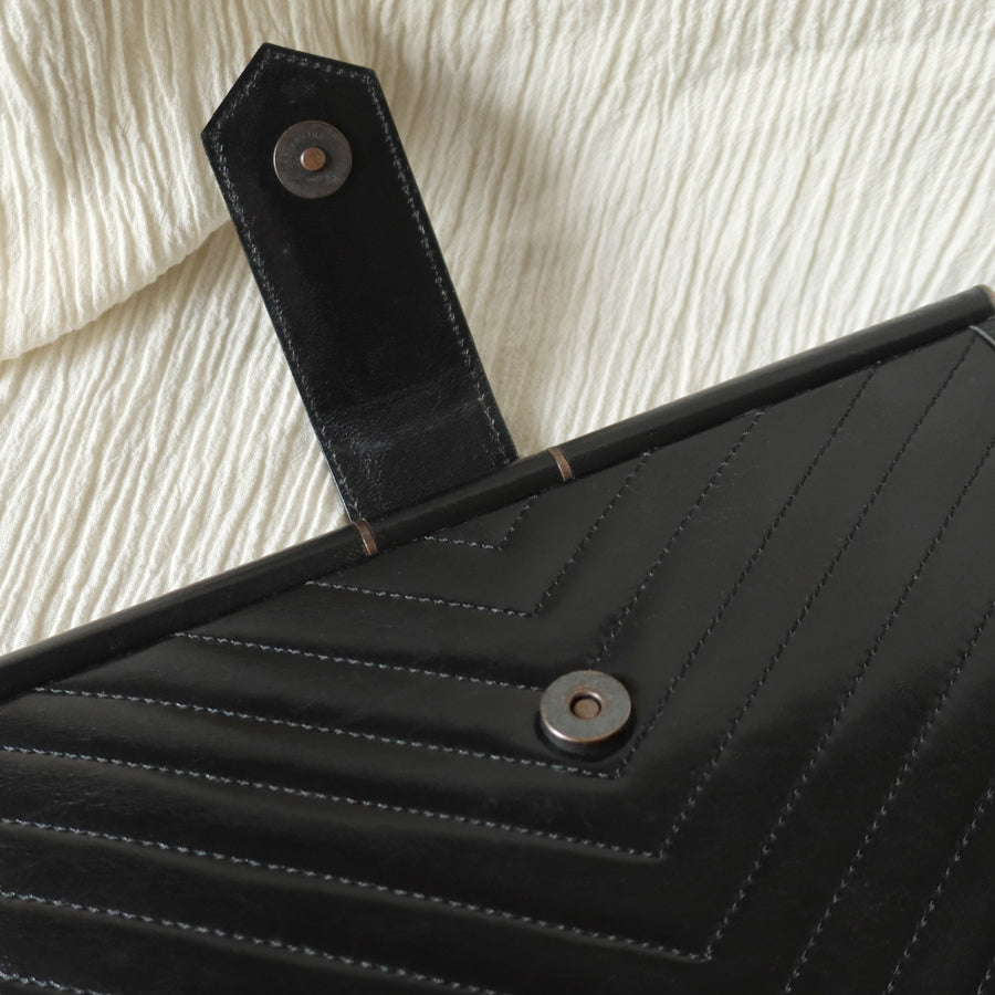 YSL Saint Laurent Vintage Black Leather V Chevron Flap Clutch Bag