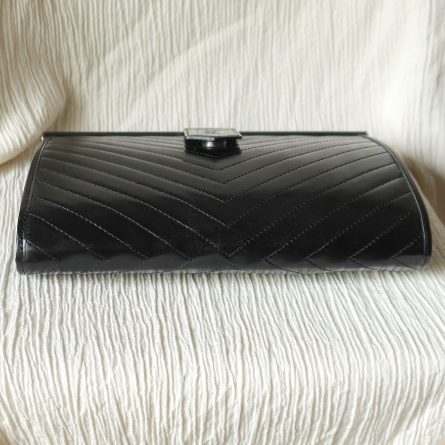 YSL Saint Laurent Vintage Black Leather V Chevron Flap Clutch Bag