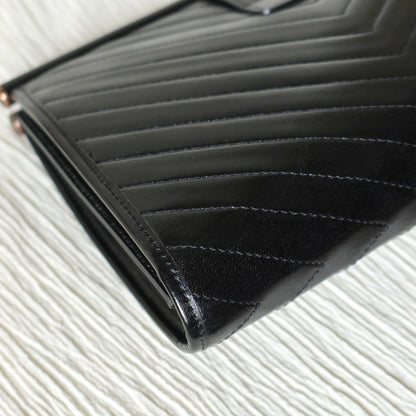 YSL Saint Laurent Vintage Black Leather V Chevron Flap Clutch Bag