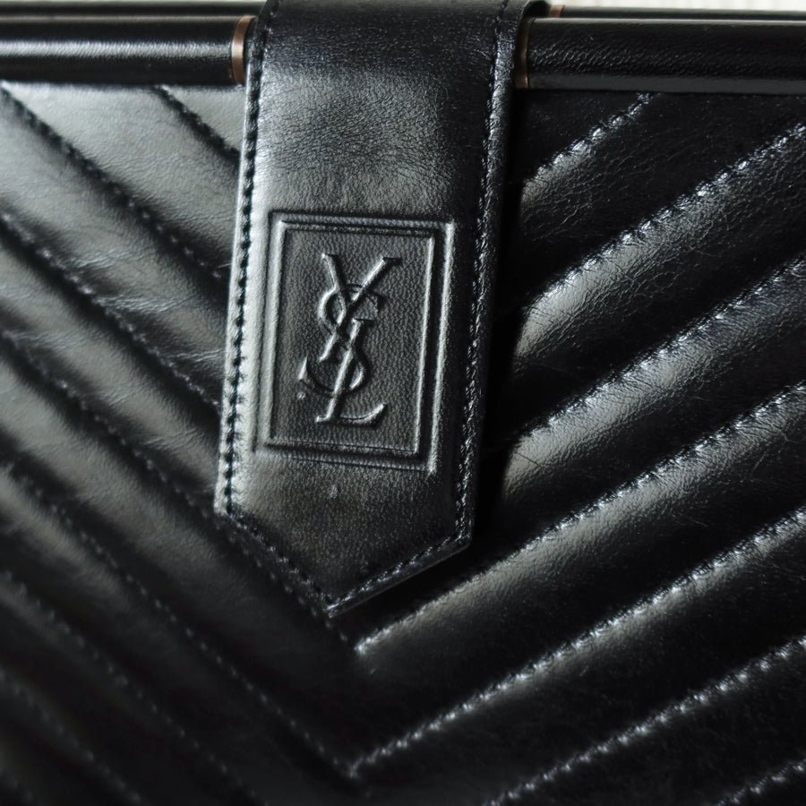YSL Saint Laurent Vintage Black Leather V Chevron Flap Clutch Bag