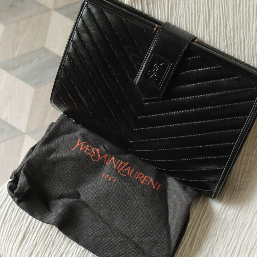 YSL Saint Laurent Vintage Black Leather V Chevron Flap Clutch Bag