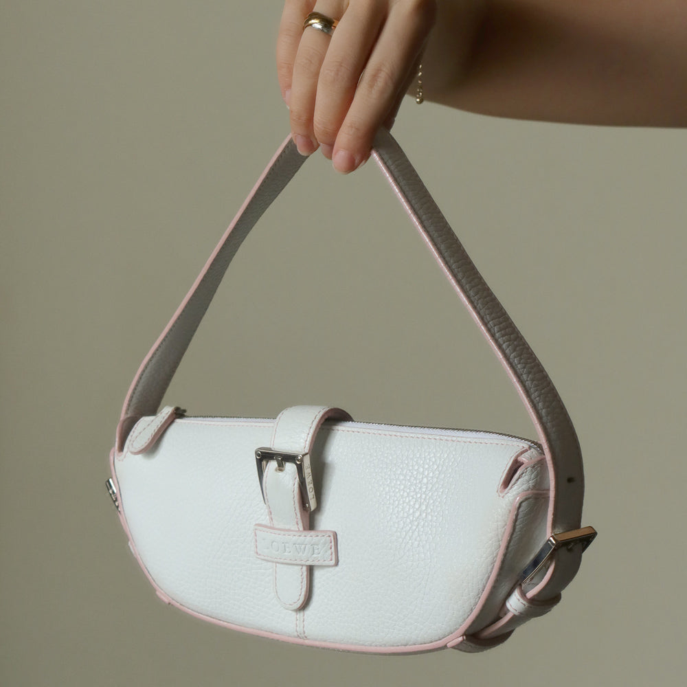 Loewe Vintage White x Pink Leather Half-moon Buckle Weekend Bag