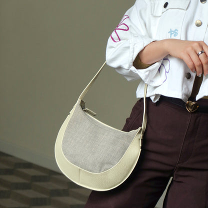 Loewe Vintage Gray Ivory Mixed Leather Canvas Half-moon Shoulder Bag