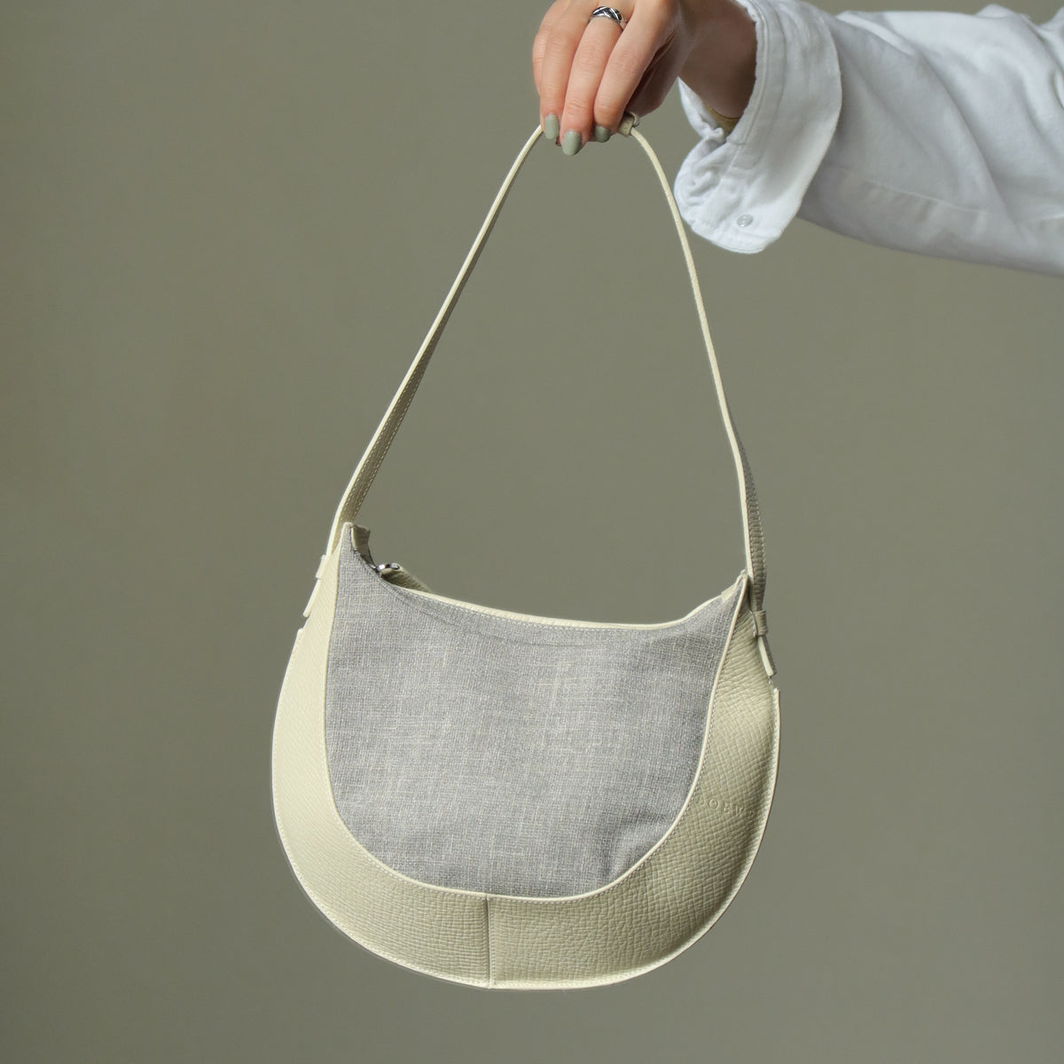 Loewe Vintage Gray Ivory Mixed Leather Canvas Half-moon Shoulder Bag