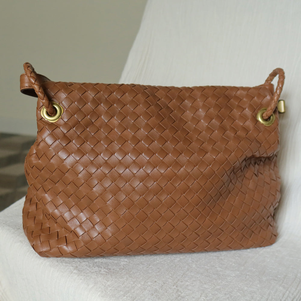 Bottega Veneta Vintage Caramel Brown Intrecciato Ring Hobo Shoulder Flap Bag