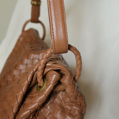 Bottega Veneta Vintage Caramel Brown Intrecciato Ring Hobo Shoulder Flap Bag