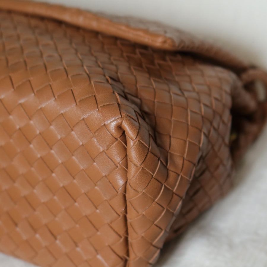 Bottega Veneta Vintage Caramel Brown Intrecciato Ring Hobo Shoulder Flap Bag