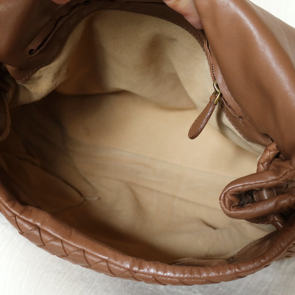 Bottega Veneta Vintage Caramel Brown Intrecciato Ring Hobo Shoulder Flap Bag