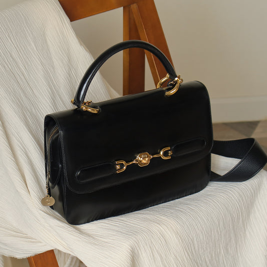 Celine Vintage Classic Black Calfskin Triomphe turn lock 2way Bag
