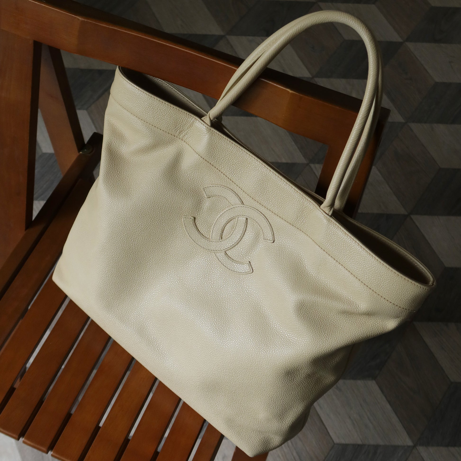 Chanel Vintage Caviar Leather Beige Tote Bag