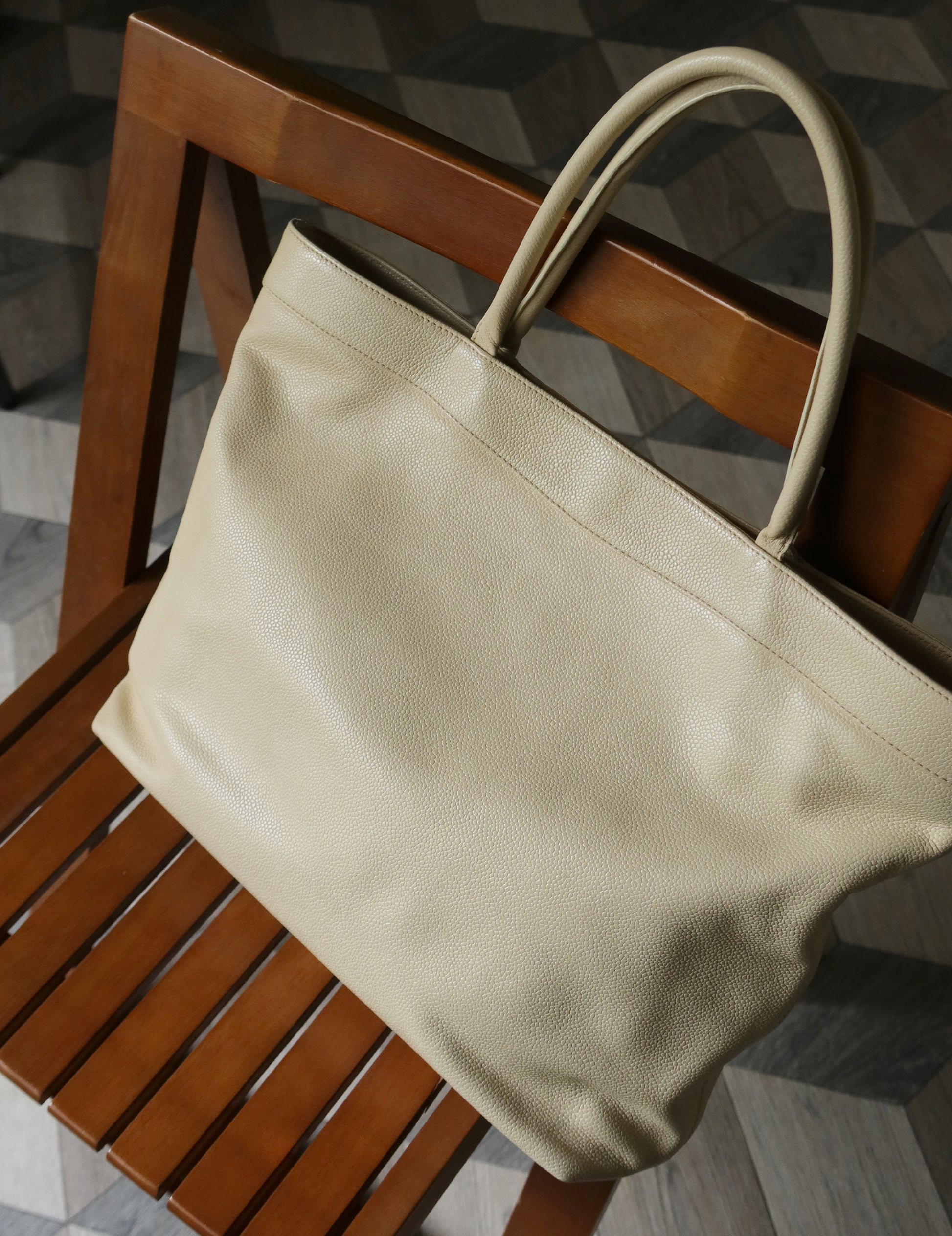 Chanel Vintage Caviar Leather Beige Tote Bag