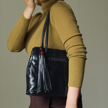 Chanel Vintage Black Lambskin Leather CC Tassel Logo Shoulder Tote Bag
