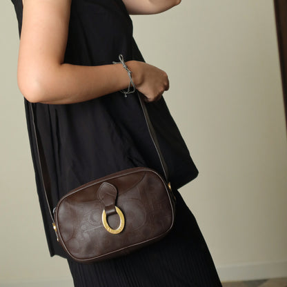 Christian Dior Vintage Dark Brown Trotter Monogram Gold Ring Oval Crossbody Bag