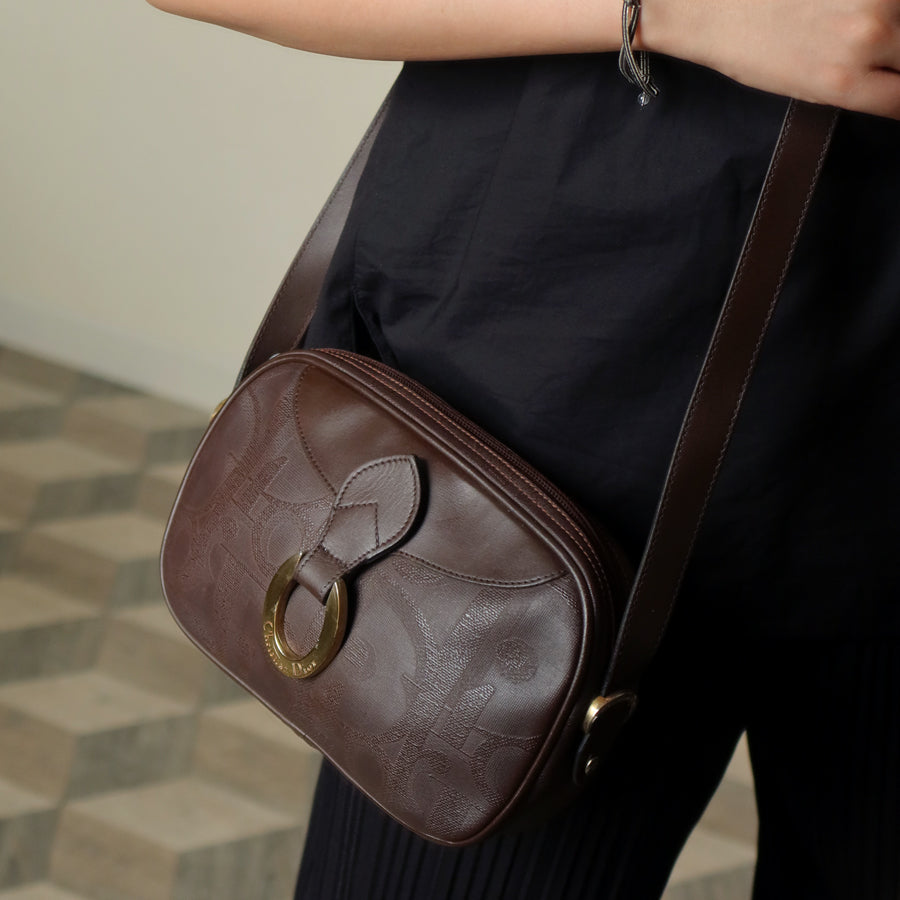 Christian Dior Vintage Dark Brown Trotter Monogram Gold Ring Oval Crossbody Bag