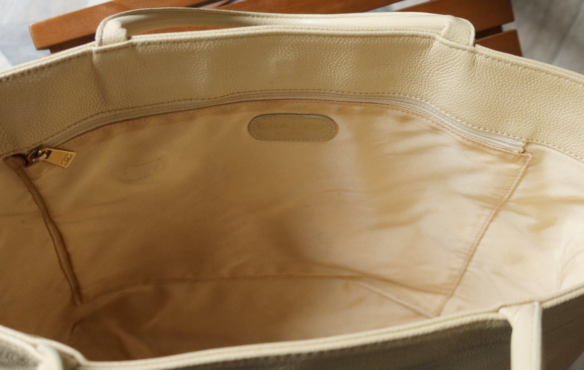 Chanel Vintage Caviar Leather Beige Tote Bag
