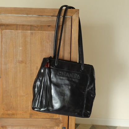 Chanel Vintage Black Lambskin Leather CC Tassel Logo Shoulder Tote Bag