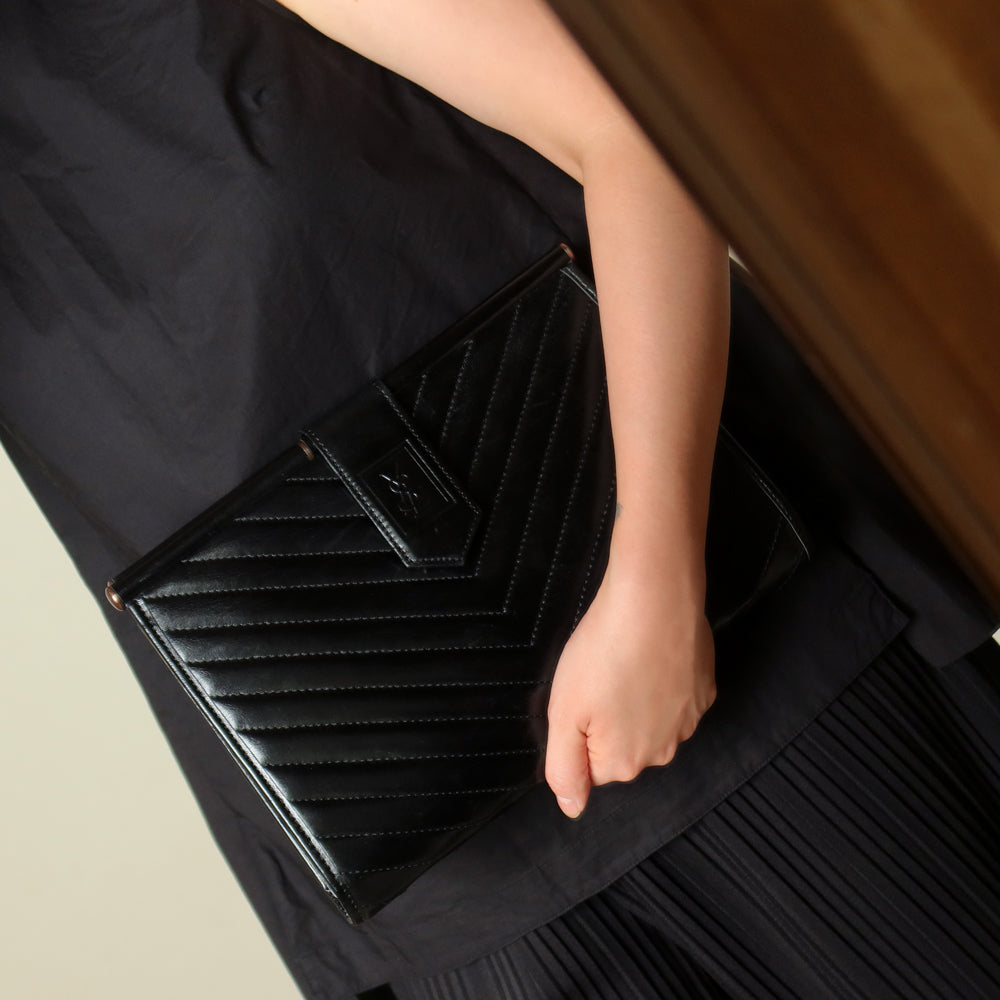 YSL Saint Laurent Vintage Black Leather V Chevron Flap Clutch Bag