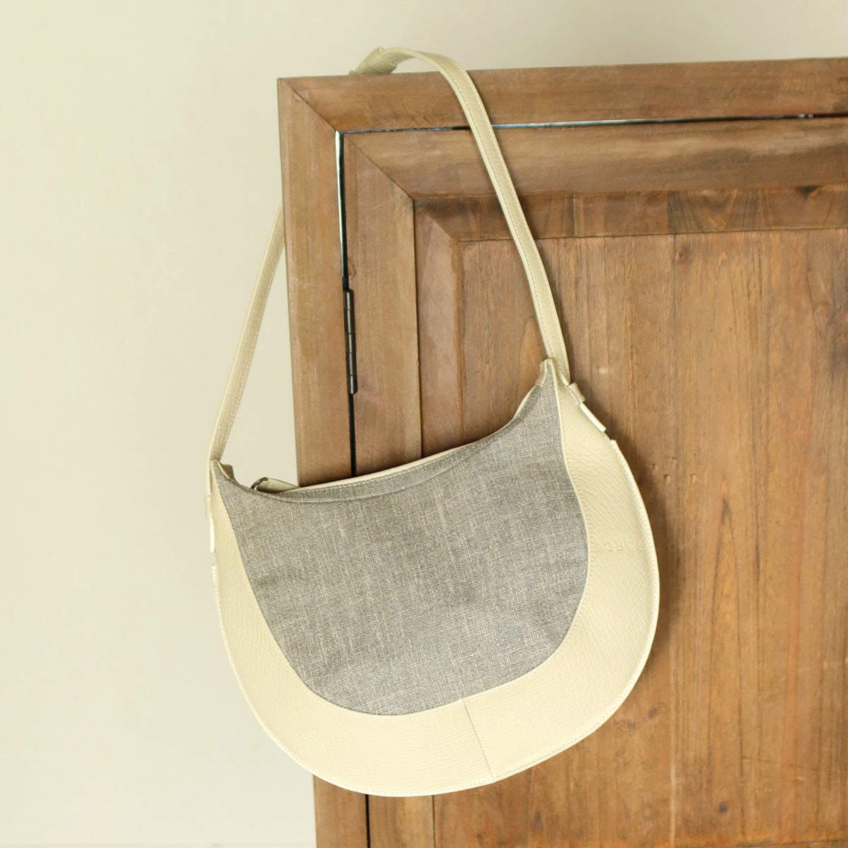 Loewe Vintage Gray Ivory Mixed Leather Canvas Half-moon Shoulder Bag