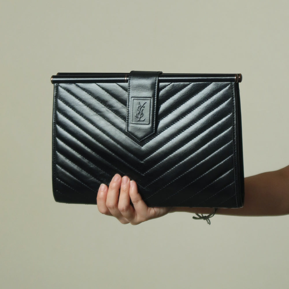 YSL Saint Laurent Vintage Black Leather V Chevron Flap Clutch Bag