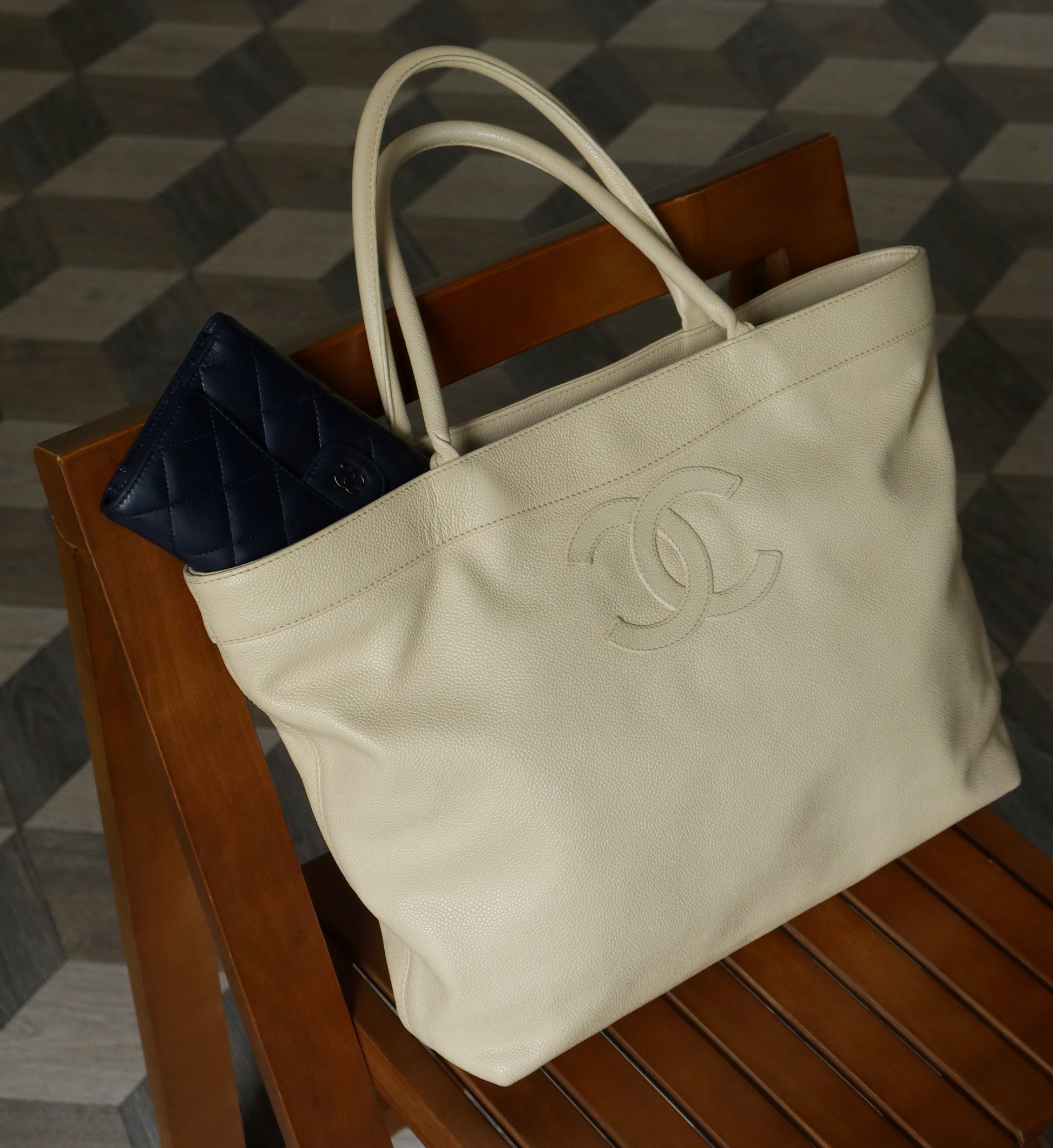 Chanel Vintage Caviar Leather Beige Tote Bag