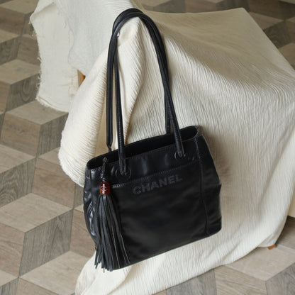 Chanel Vintage Black Lambskin Leather CC Tassel Logo Shoulder Tote Bag