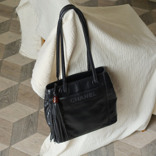 Chanel Vintage Black Lambskin Leather CC Tassel Logo Shoulder Tote Bag