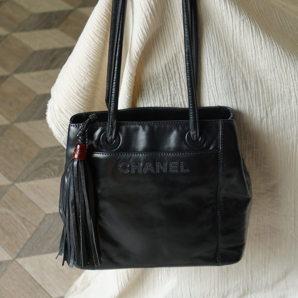 Chanel Vintage Black Lambskin Leather CC Tassel Logo Shoulder Tote Bag