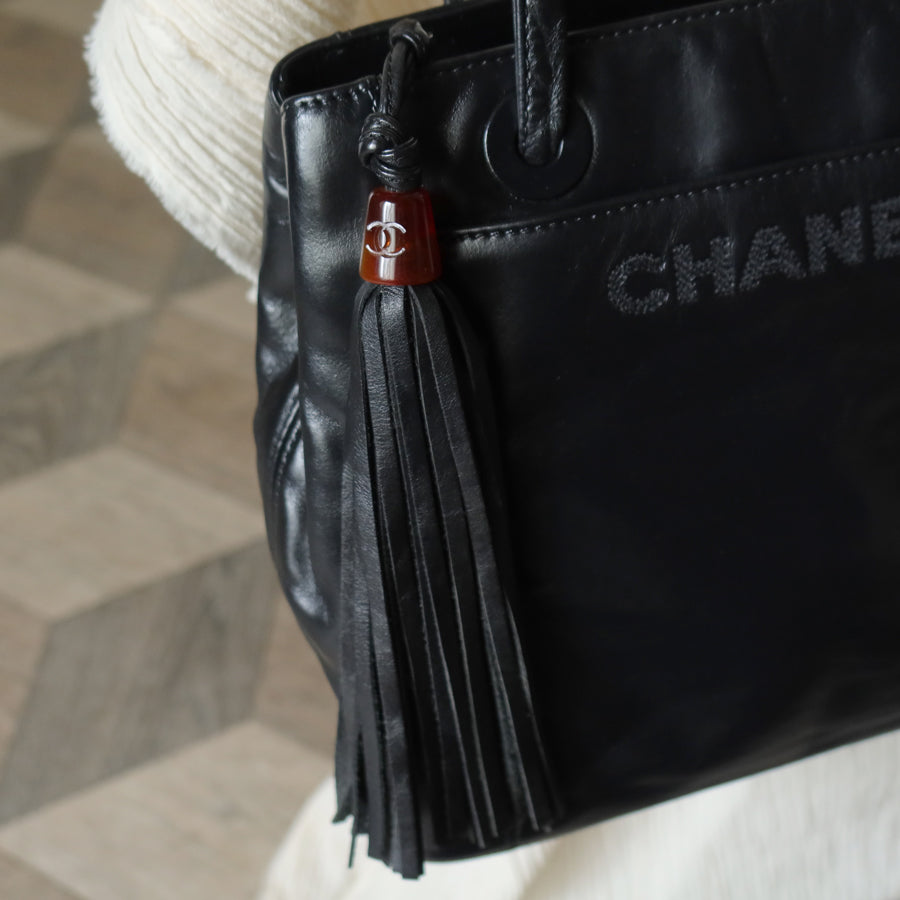 Chanel Vintage Black Lambskin Leather CC Tassel Logo Shoulder Tote Bag