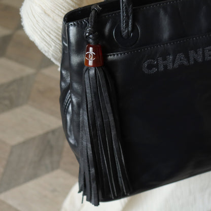 Chanel Vintage Black Lambskin Leather CC Tassel Logo Shoulder Tote Bag