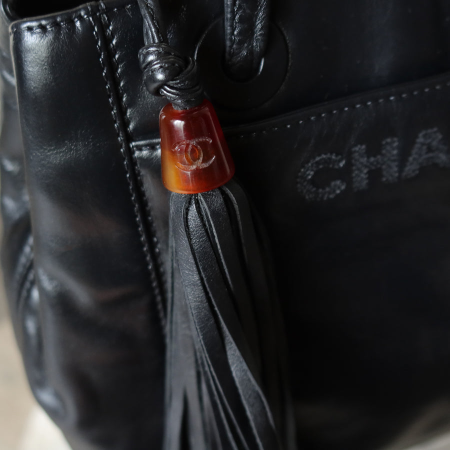 Chanel Vintage Black Lambskin Leather CC Tassel Logo Shoulder Tote Bag