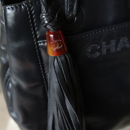 Chanel Vintage Black Lambskin Leather CC Tassel Logo Shoulder Tote Bag