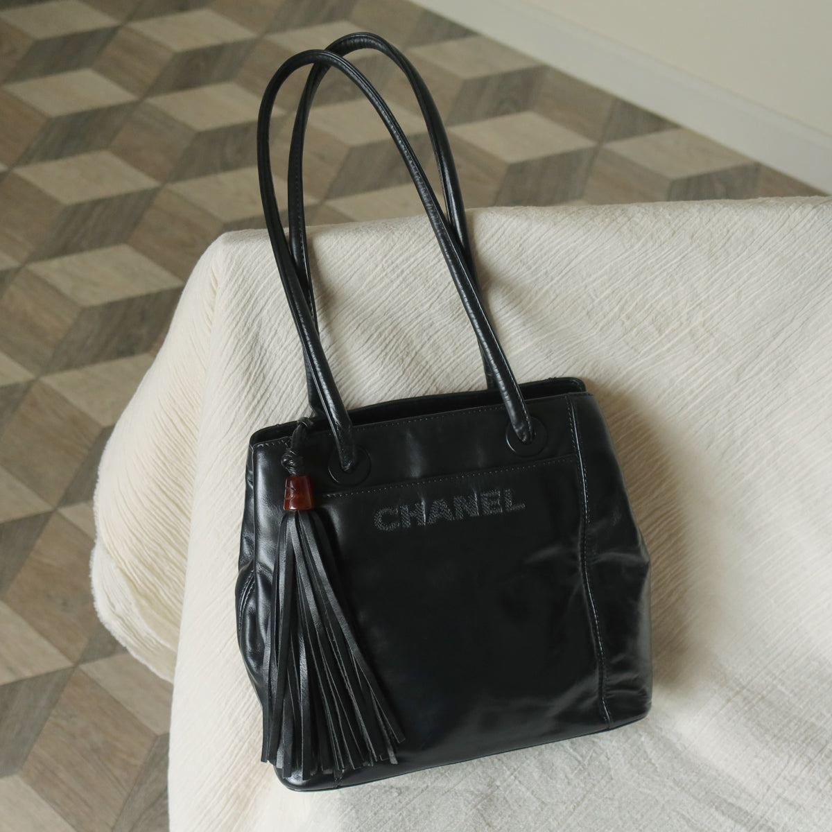 Chanel Vintage Black Lambskin Leather CC Tassel Logo Shoulder Tote Bag