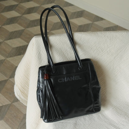 Chanel Vintage Black Lambskin Leather CC Tassel Logo Shoulder Tote Bag