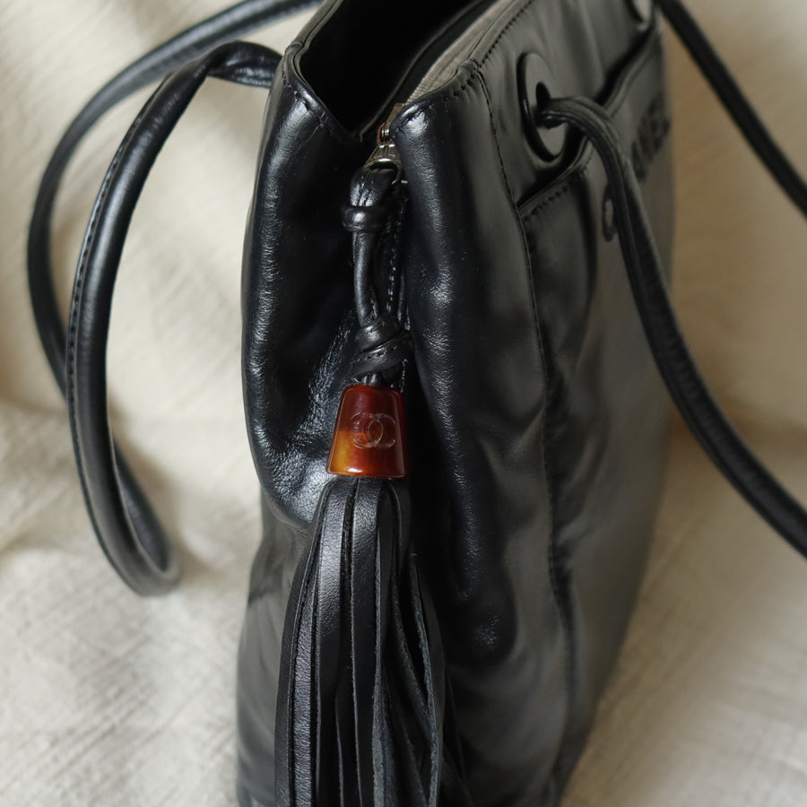 Chanel Vintage Black Lambskin Leather CC Tassel Logo Shoulder Tote Bag