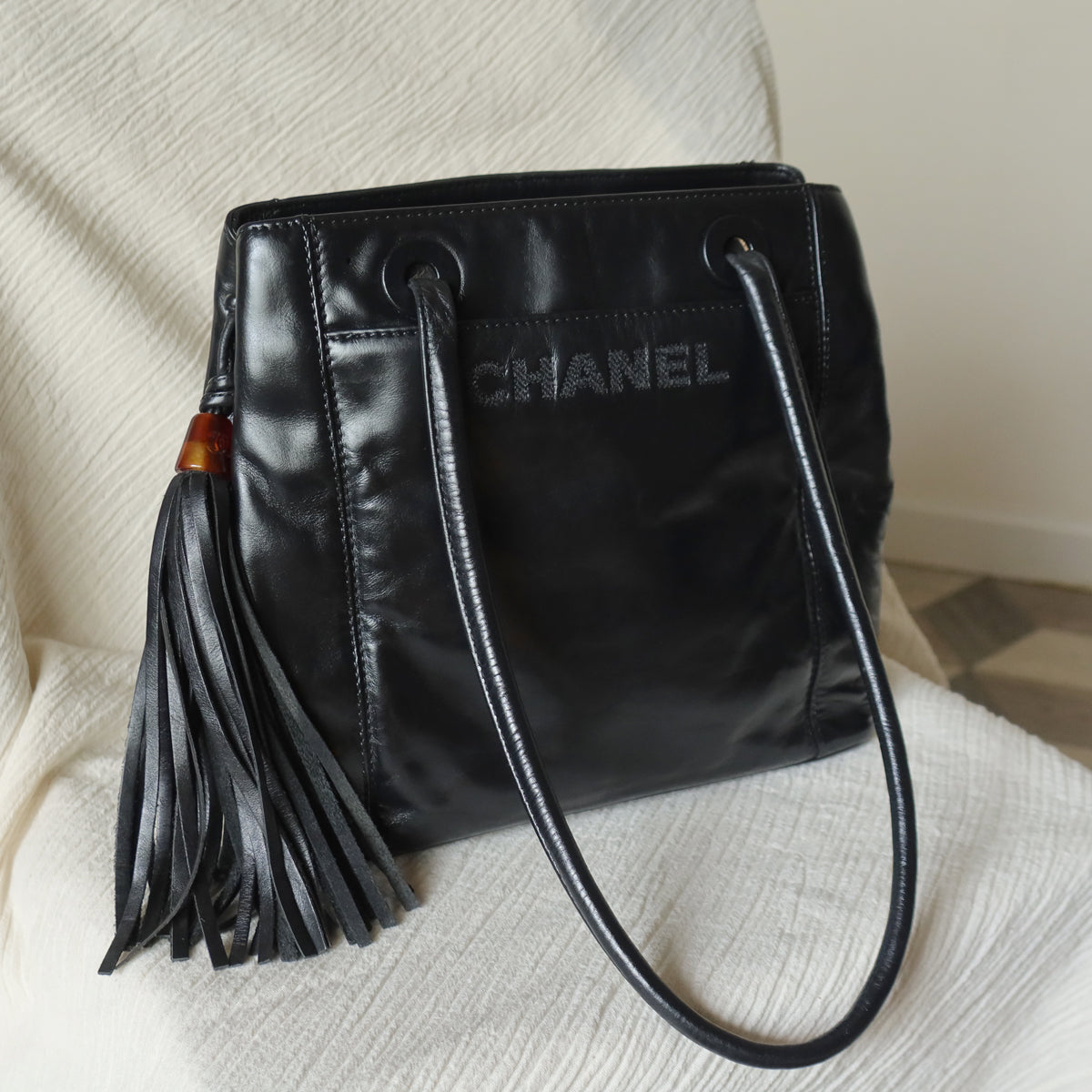 Chanel Vintage Black Lambskin Leather CC Tassel Logo Shoulder Tote Bag