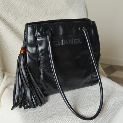 Chanel Vintage Black Lambskin Leather CC Tassel Logo Shoulder Tote Bag