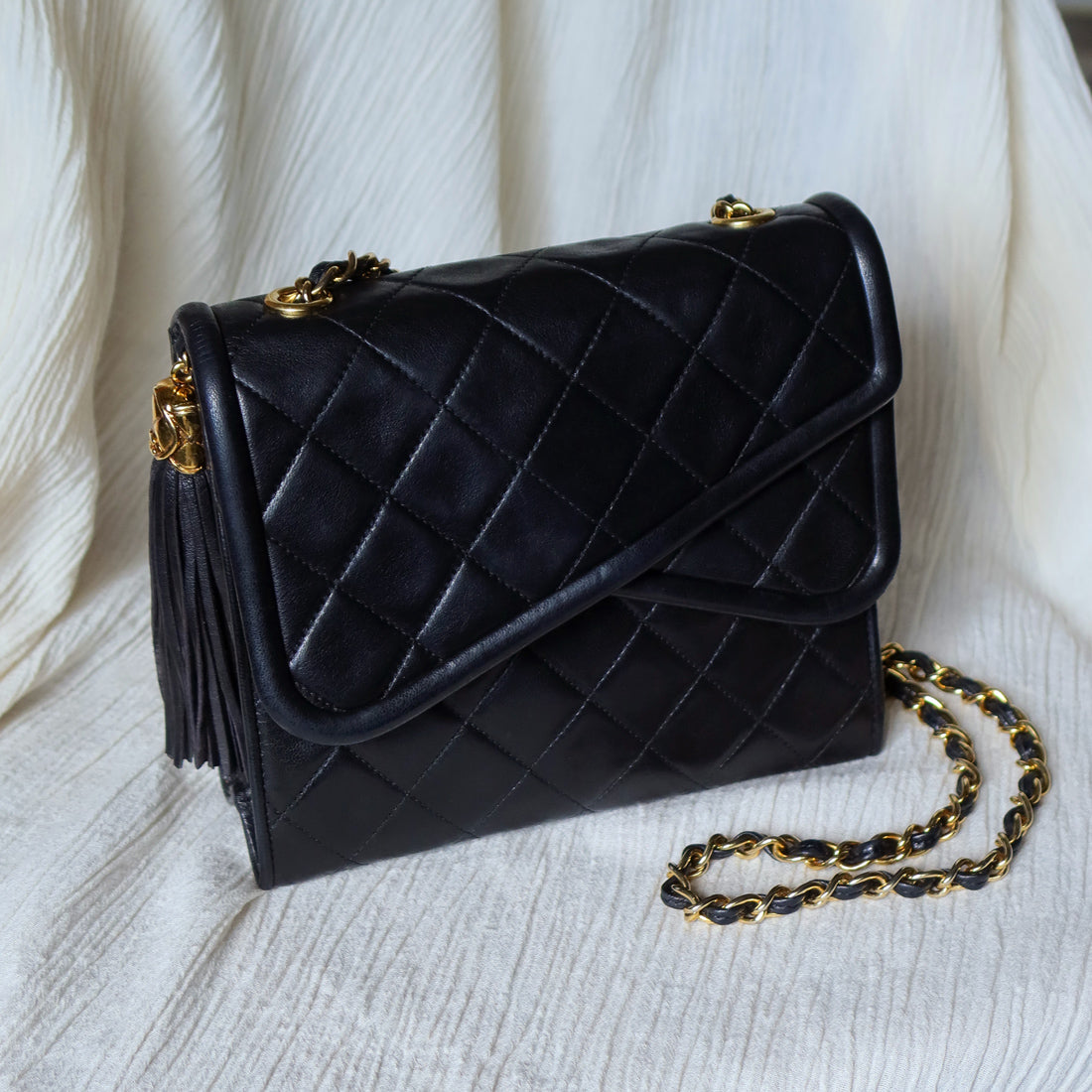 Chanel Vintage Black Lambskin Tassel Asymmetrical Double Flap Bag [3]
