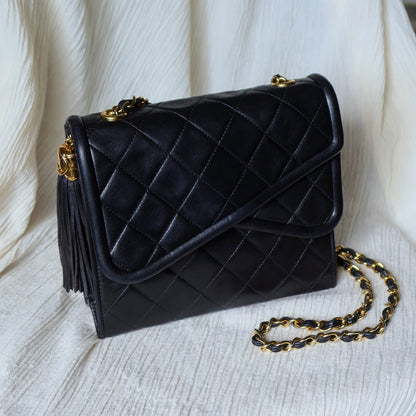 Chanel Vintage Black Lambskin Tassel Asymmetrical Double Flap Bag [3]