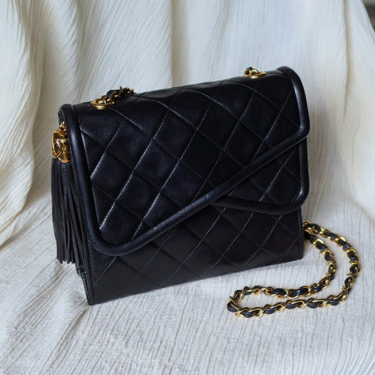 Chanel Vintage Black Lambskin Tassel Asymmetrical Double Flap Bag [3]
