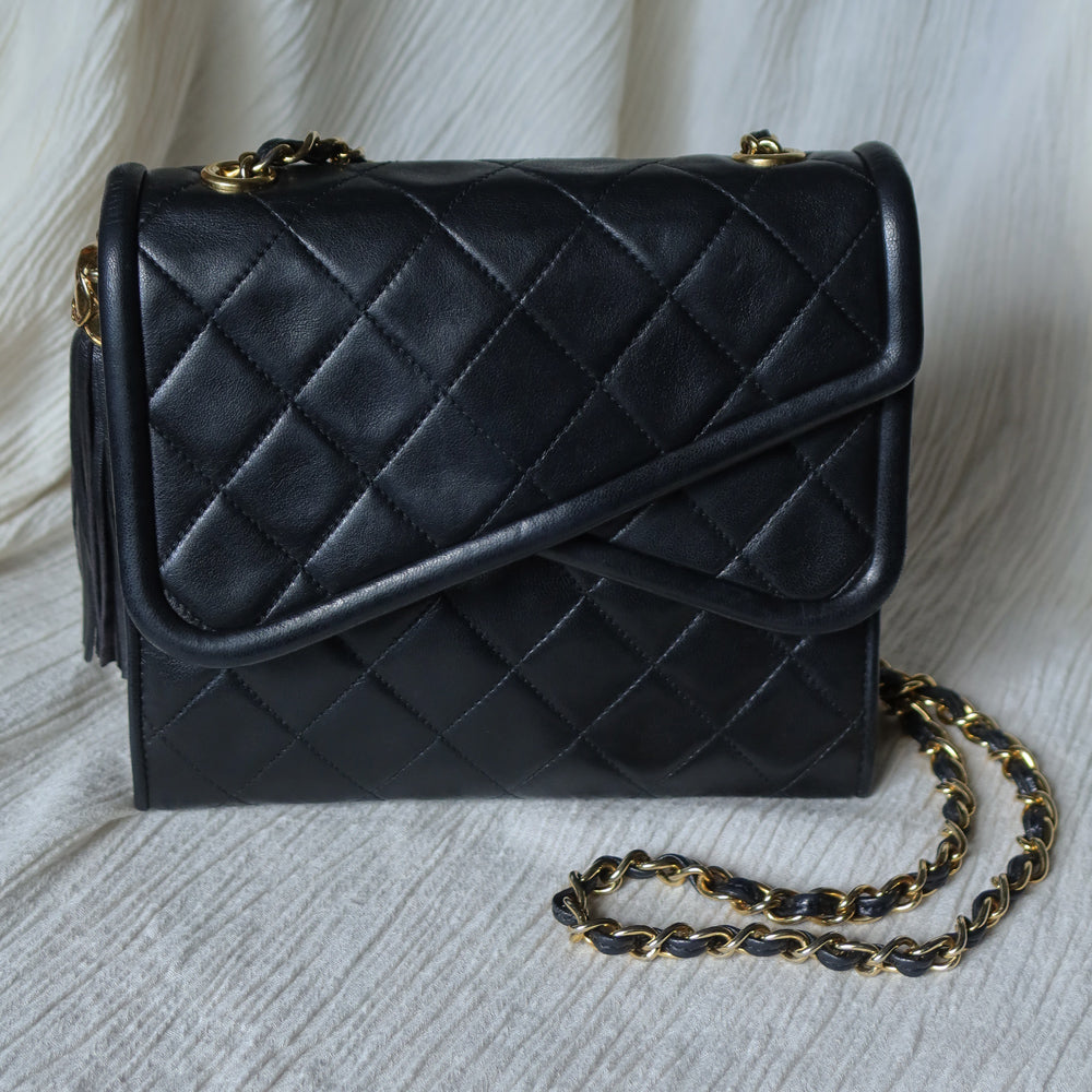 Chanel Vintage Black Lambskin Tassel Asymmetrical Double Flap Bag [3]