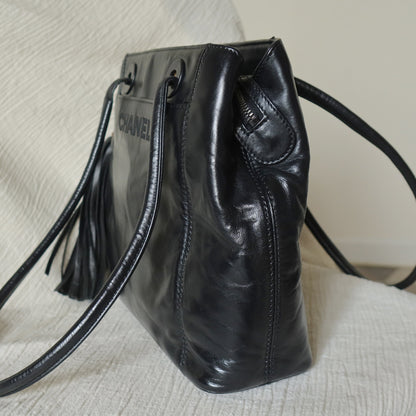 Chanel Vintage Black Lambskin Leather CC Tassel Logo Shoulder Tote Bag