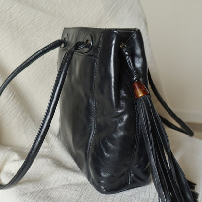 Chanel Vintage Black Lambskin Leather CC Tassel Logo Shoulder Tote Bag