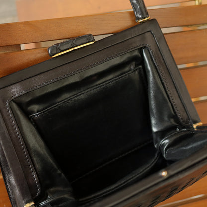 Vintage Bottega Veneta Black Lambskin Intrecciato Top Handle Kiss Lock Lady Bag
