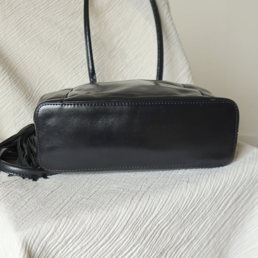 Chanel Vintage Black Lambskin Leather CC Tassel Logo Shoulder Tote Bag